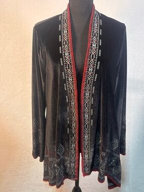 Adore Women's Black Red Velvet Open Front Cardigan Embroidered Duster Boho XL